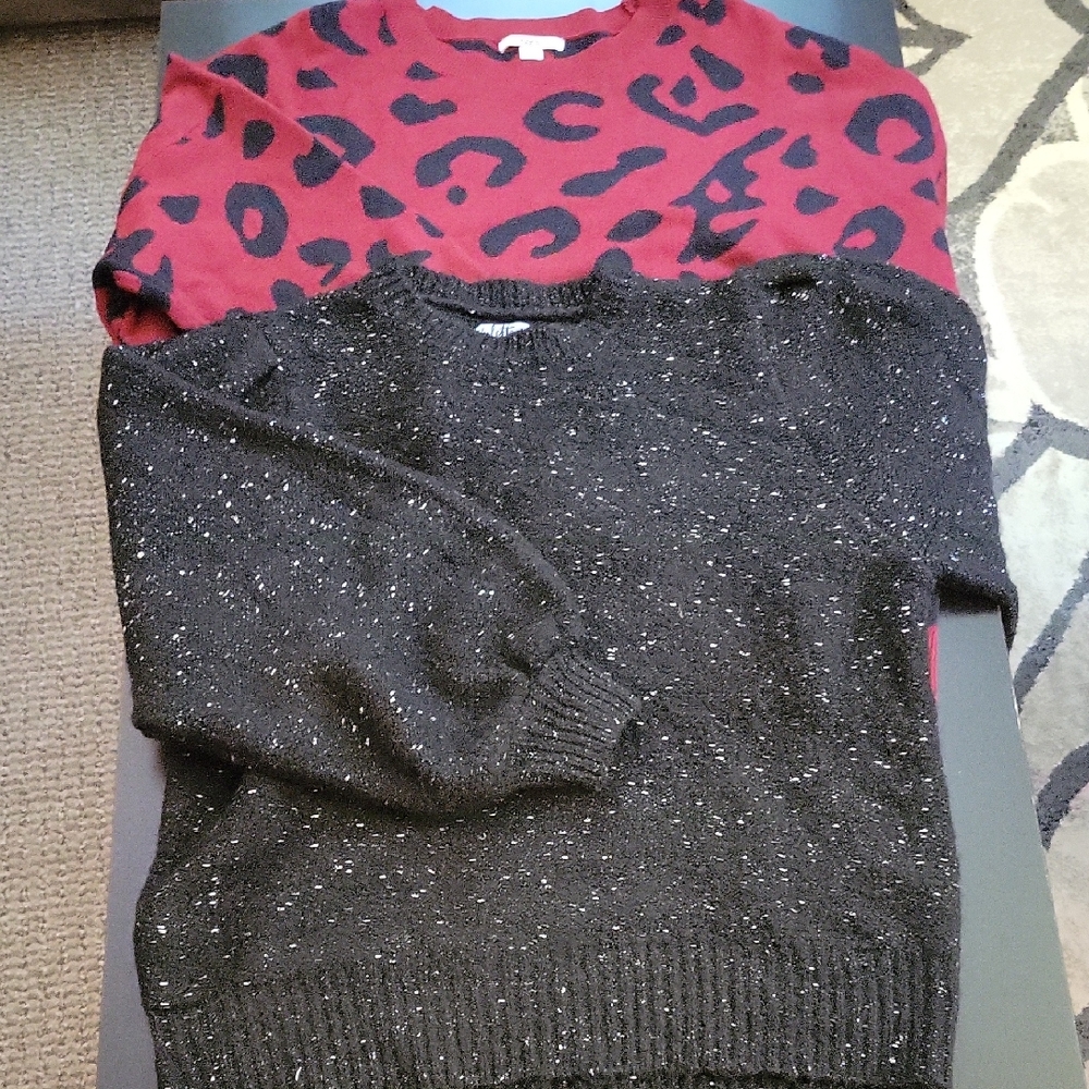 Set Of 2 - Red Leopard Print Sweater and Black Speckled Sweater